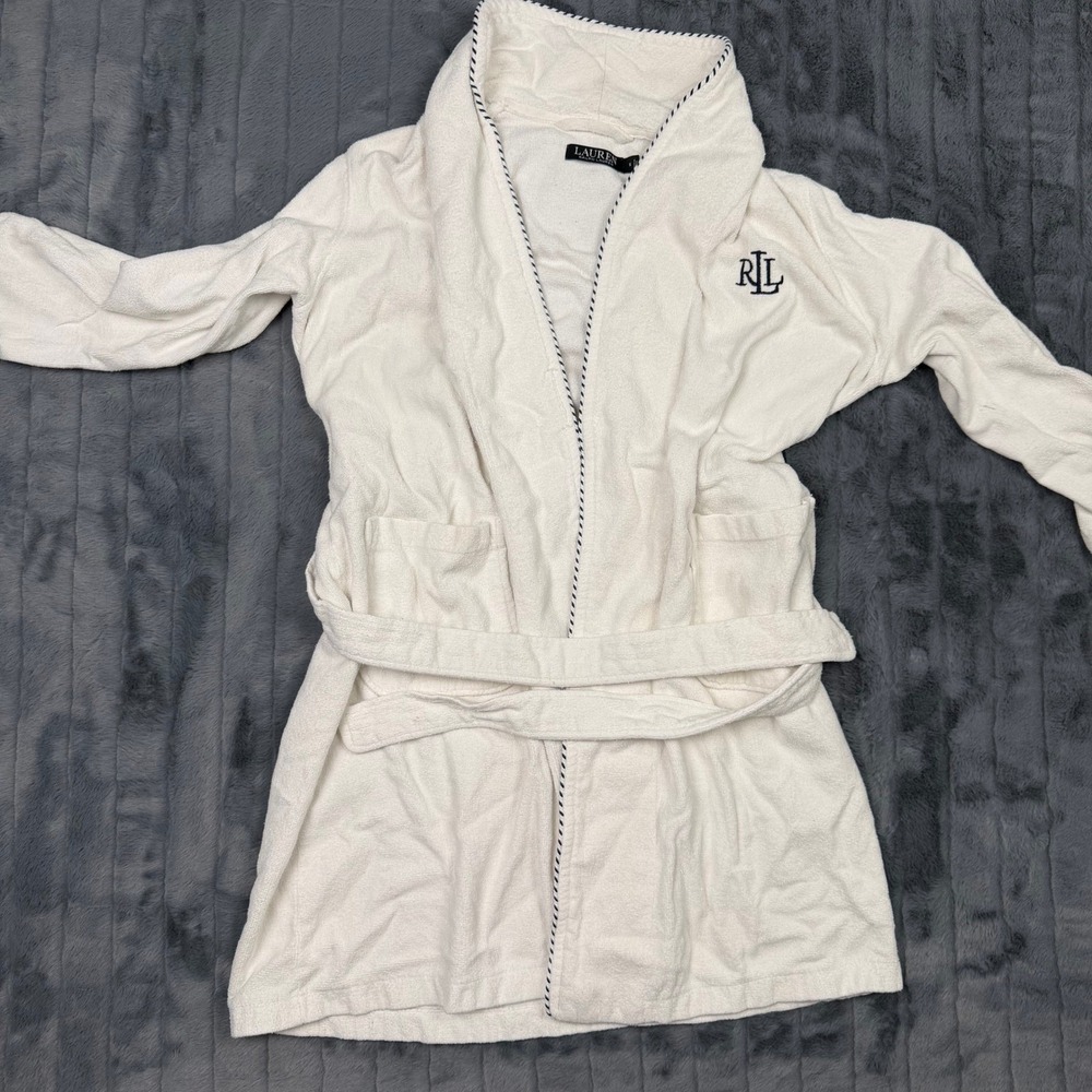 Lauren Ralph Lauren White Cotton Terry Cloth Spa Robe Navy Piping Monogram Small